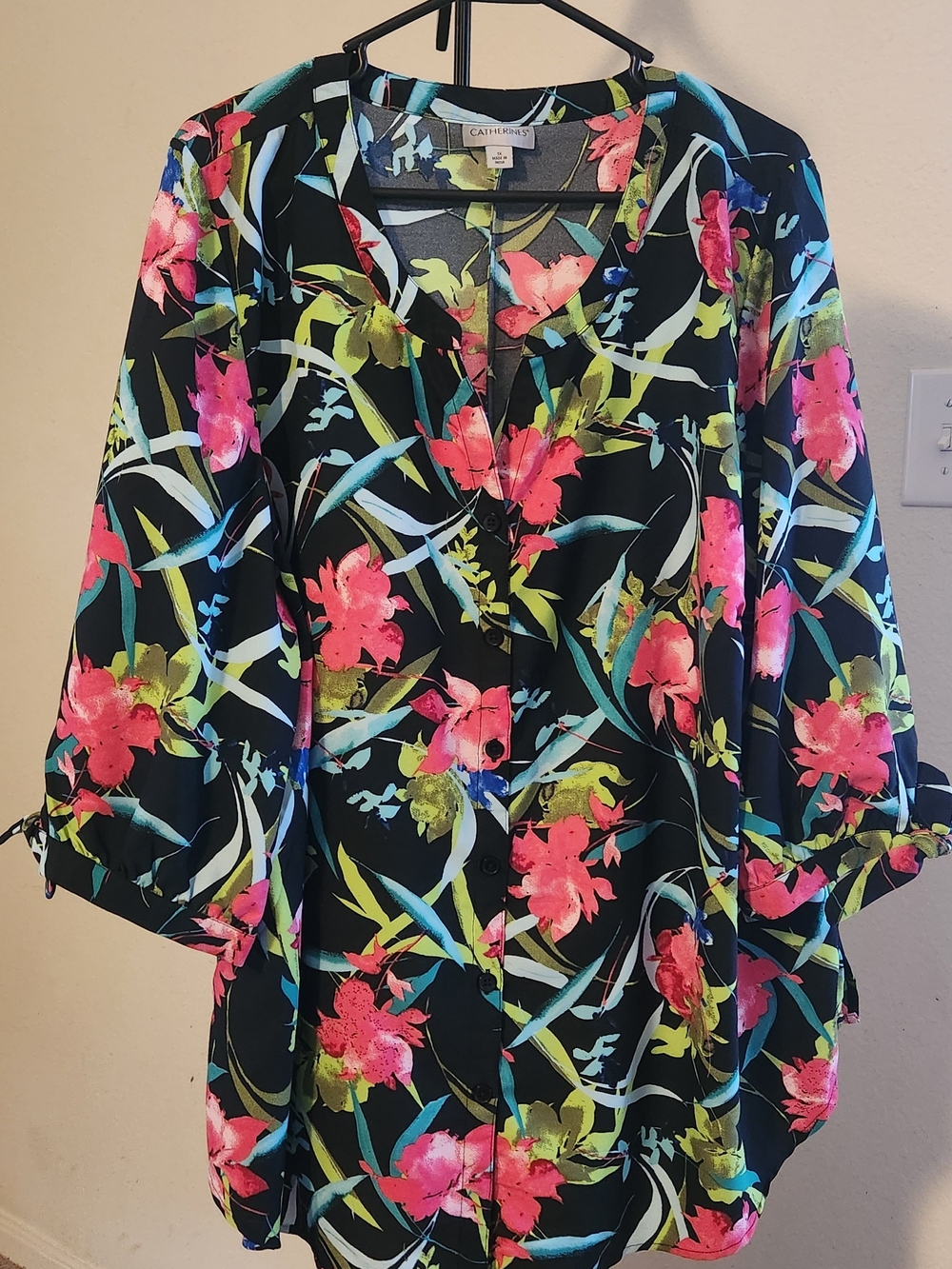 Catherines Black Tunic with Pink Floral & Green Leaf Print